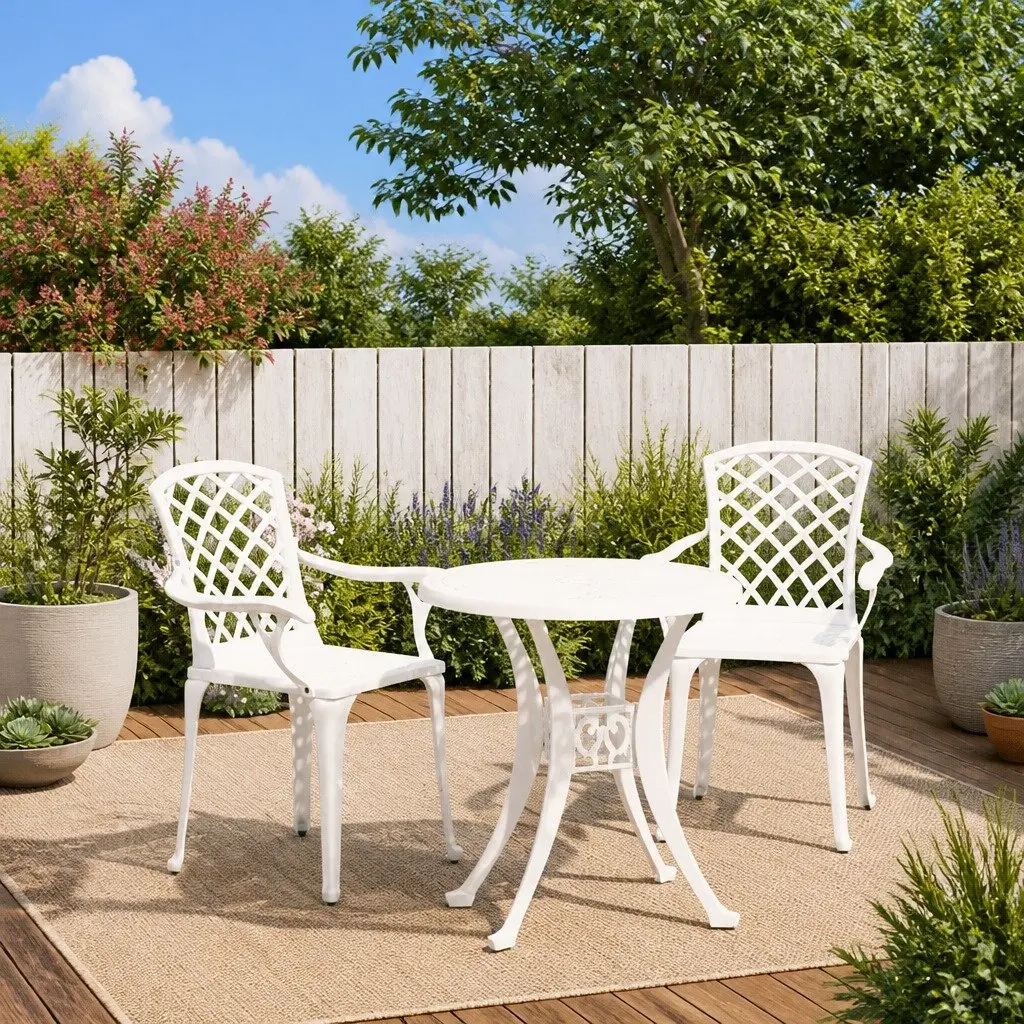 3 Piece Outdoor Bistro Set White Cast Aluminium Patio Furniture Garden Chairs