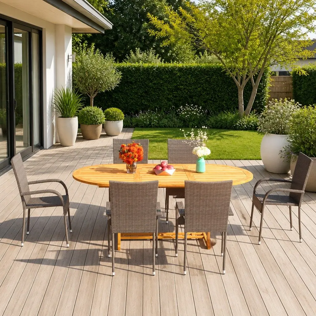 Garden Dining Set 7 Piece Acacia Wood Steel PE Rattan Brown