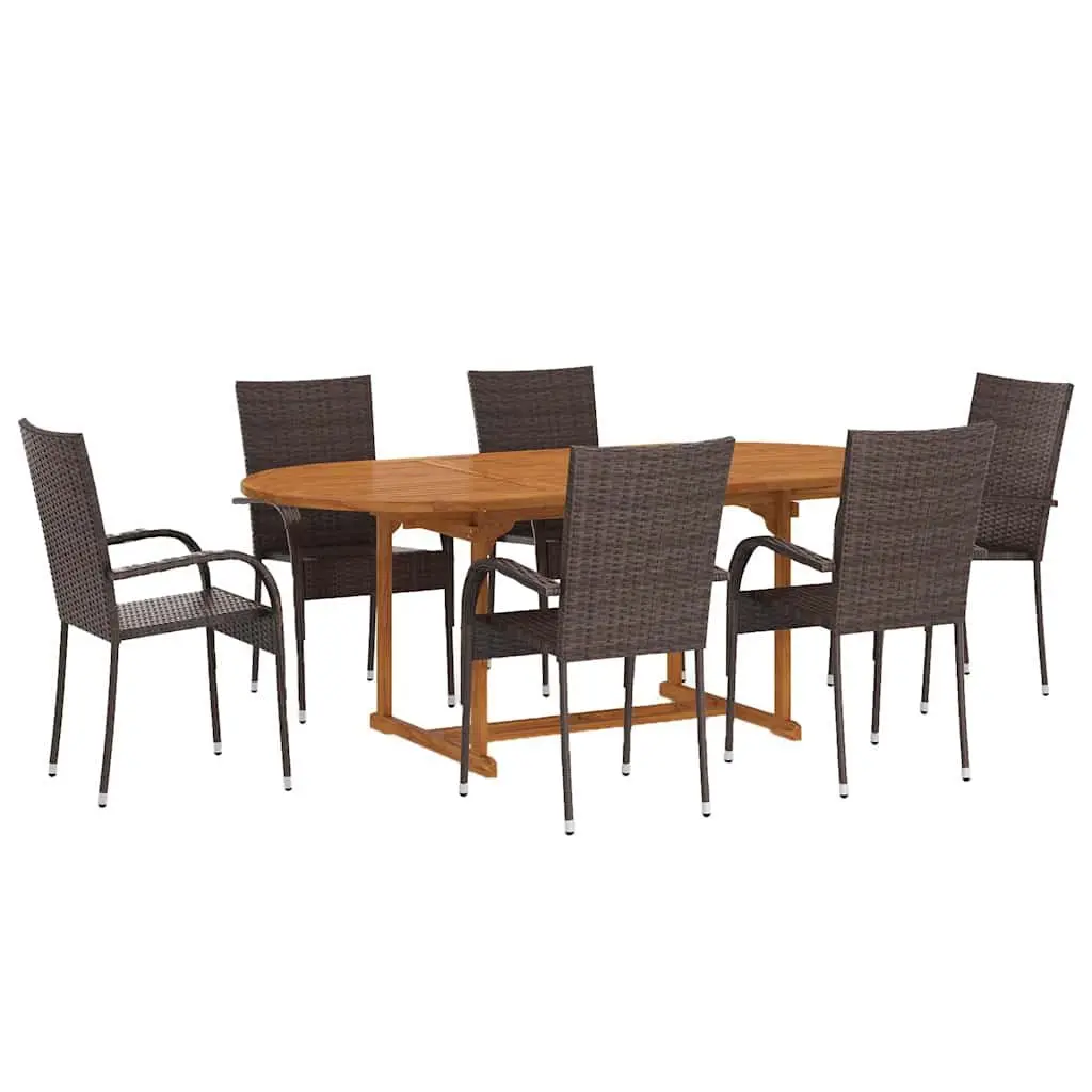 Garden Dining Set 7 Piece Acacia Wood Steel PE Rattan Brown
