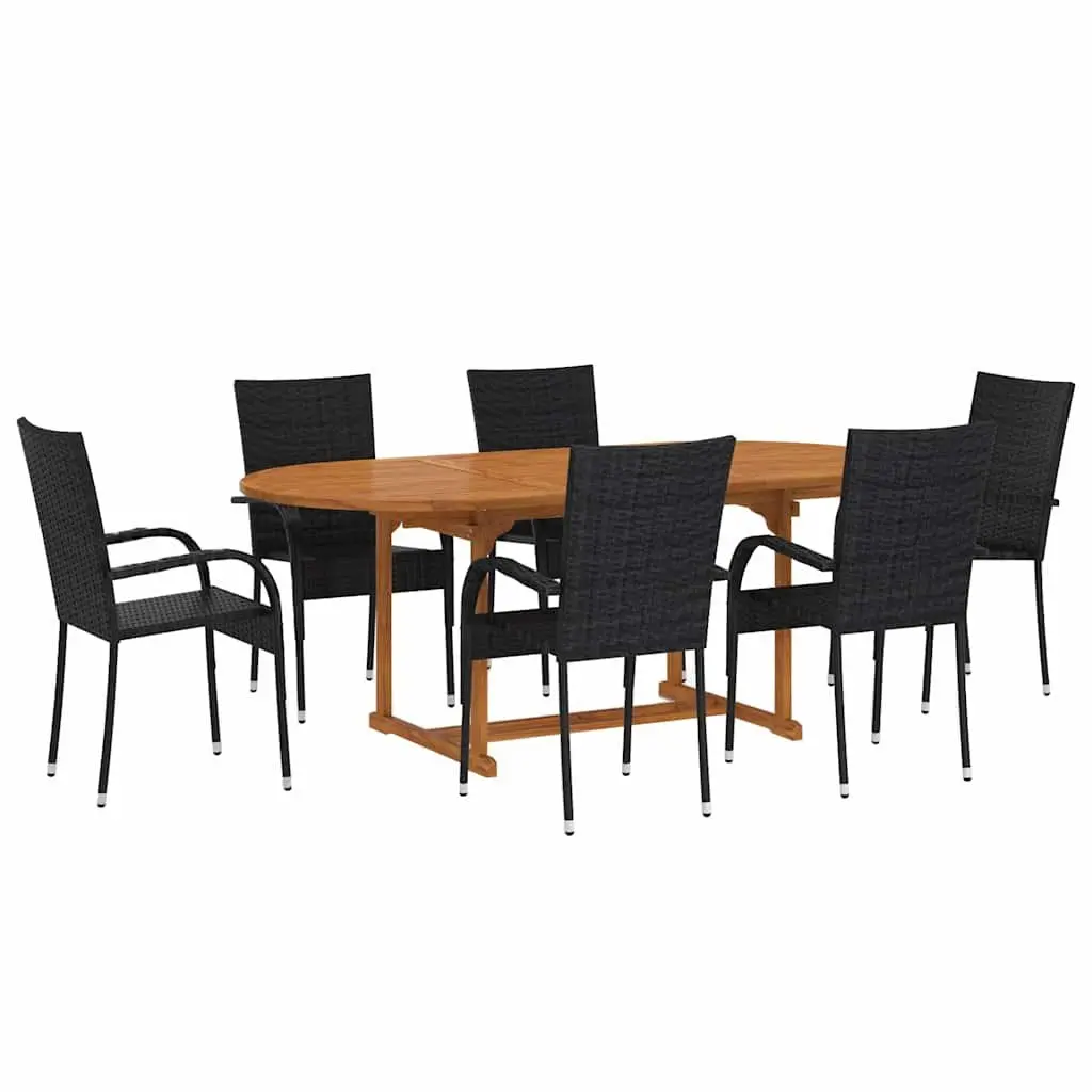 7 Piece Black Garden Dining Set with Acacia Table