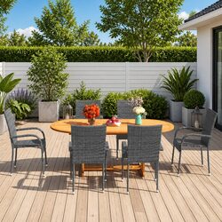 7-Piece Grey Rattan Garden Dining Set with Acacia Wood Table