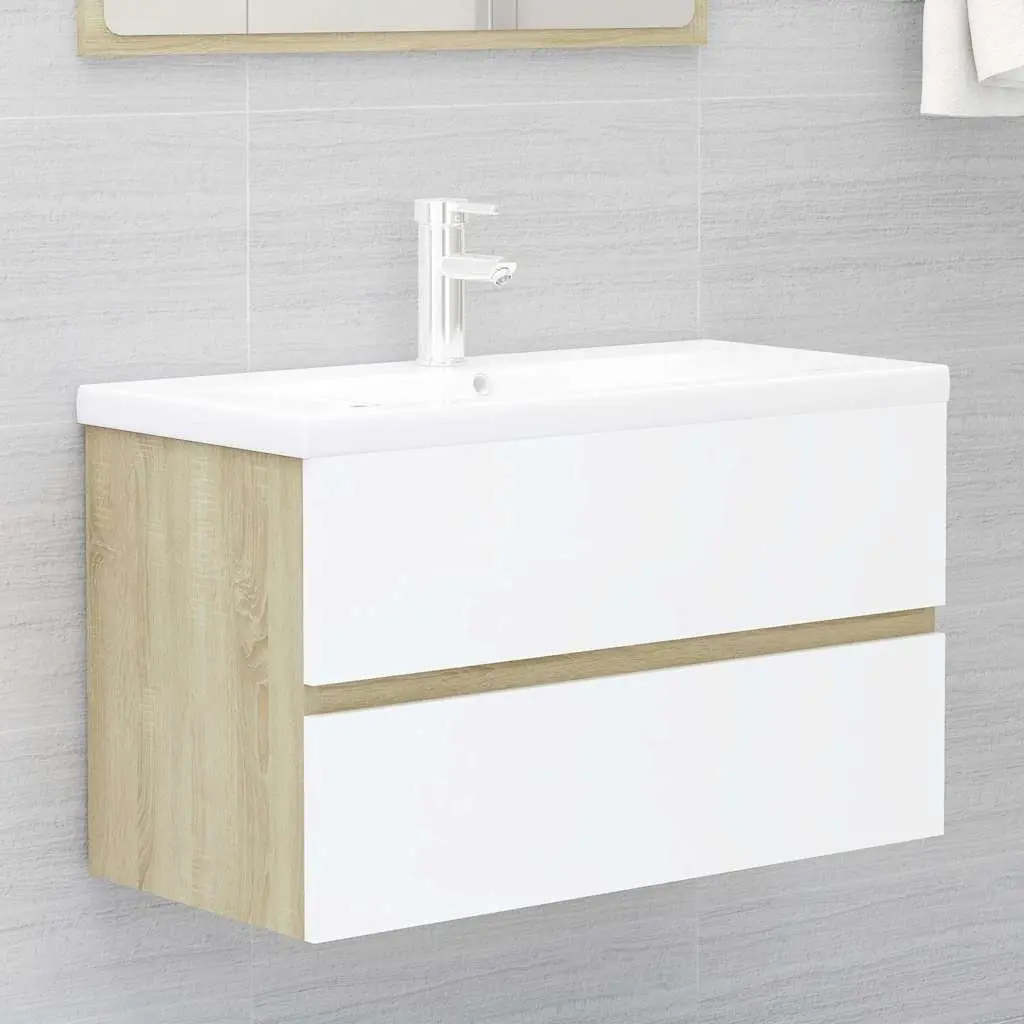 Bathroom Set Engineered Wood Beige Sink Cabinet Ceramic Basin Mirror