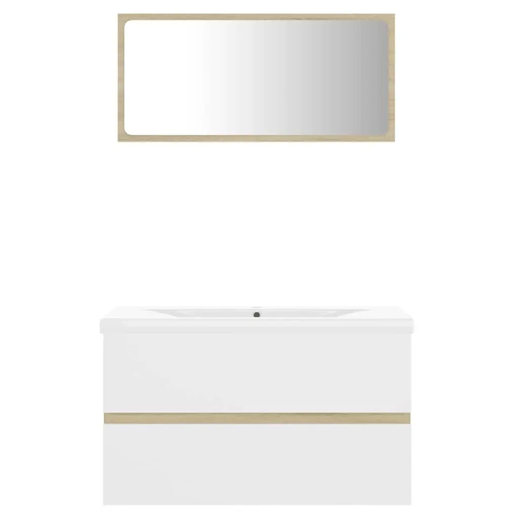 Bathroom Set Engineered Wood Beige Sink Cabinet Ceramic Basin Mirror