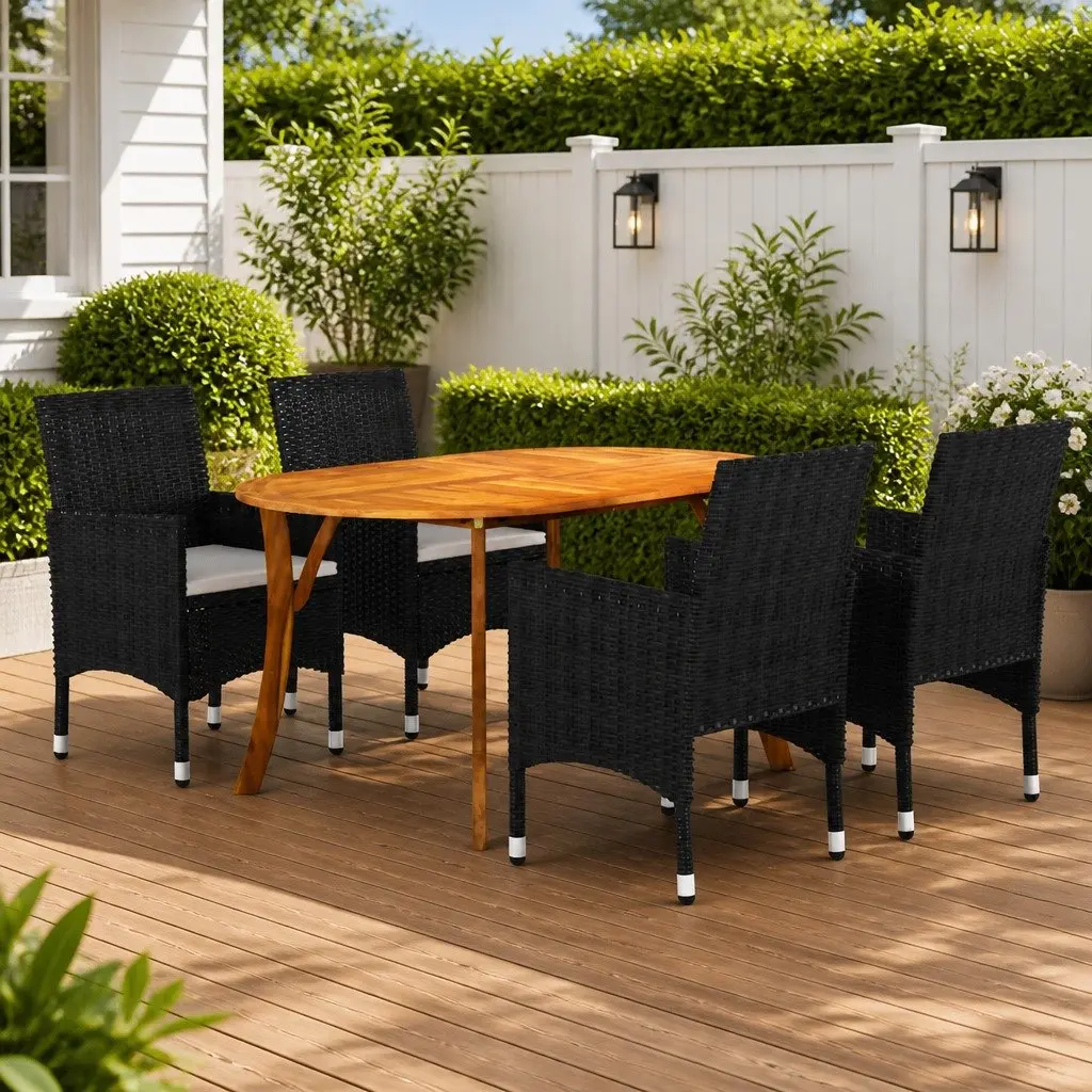 5-Piece Black Garden Dining Set with Rattan Cushions