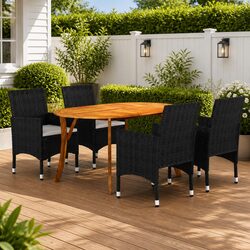 Premium 5-Piece Black Garden Dining Set with Rattan Cushions
