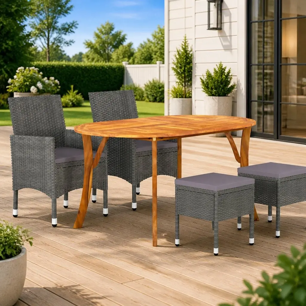 Garden Dining Set Solid Acacia Wood Steel Frame PE Rattan 5 Piece Grey