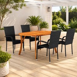 5-Piece Black Garden Dining Set with Acacia Wood and Rattan