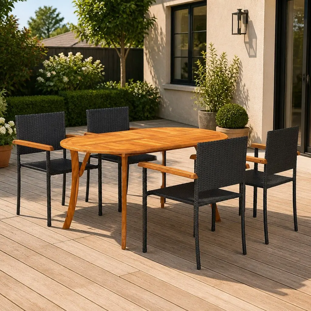 5-Piece Outdoor Dining Set with Black Acacia Wood