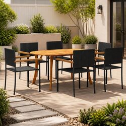 Sturdy 7 Piece Garden Dining Set with Acacia Wood and Rattan