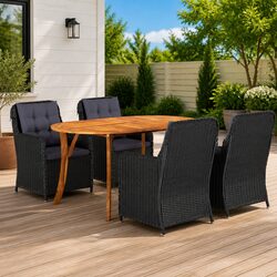 5-Piece Black Acacia Wood and Rattan Garden Dining Set