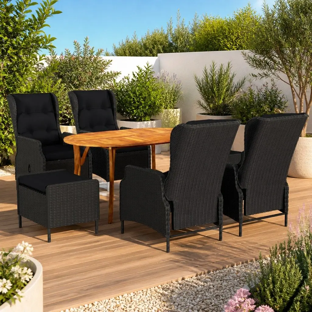 Garden Dining Set Grey Rattan Acacia 7 Piece Outdoor Furniture Table Chairs