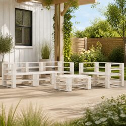 Sturdy 6-Piece White Wooden Garden Pallet Lounge Set