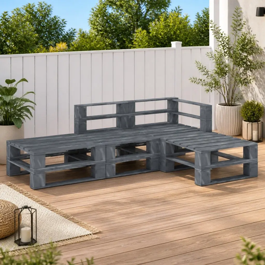 Pallet Lounge Set Pinewood 4 Piece Grey Outdoor Furniture Sofa Patio Seating