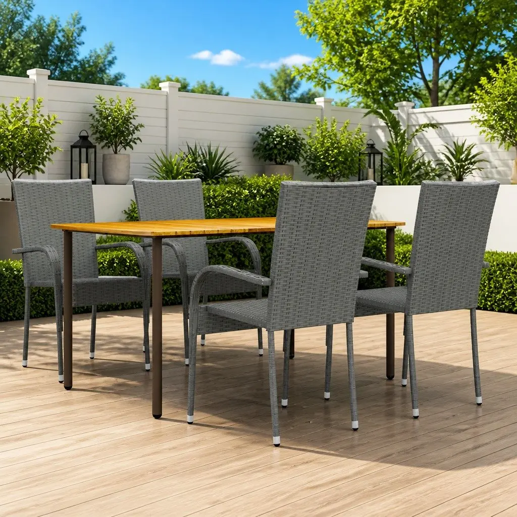 5-Piece Grey Outdoor Dining Set with Acacia Table