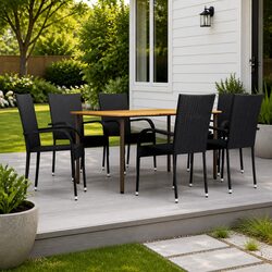 Sturdy 7 Piece Outdoor Dining Set with Black Rattan Chairs