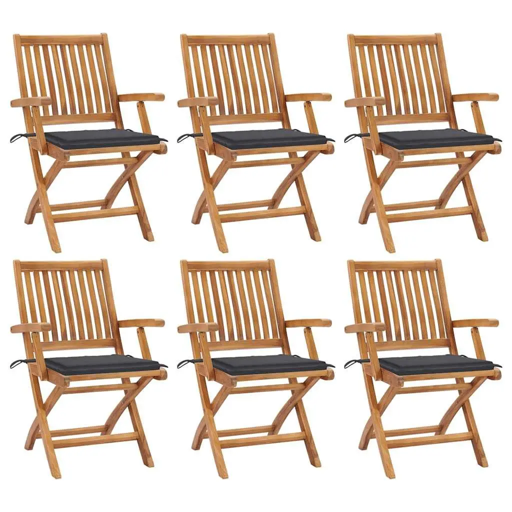 Folding Garden Chairs Set Solid Teak Wood Anthracite 6 Piece with Cushions