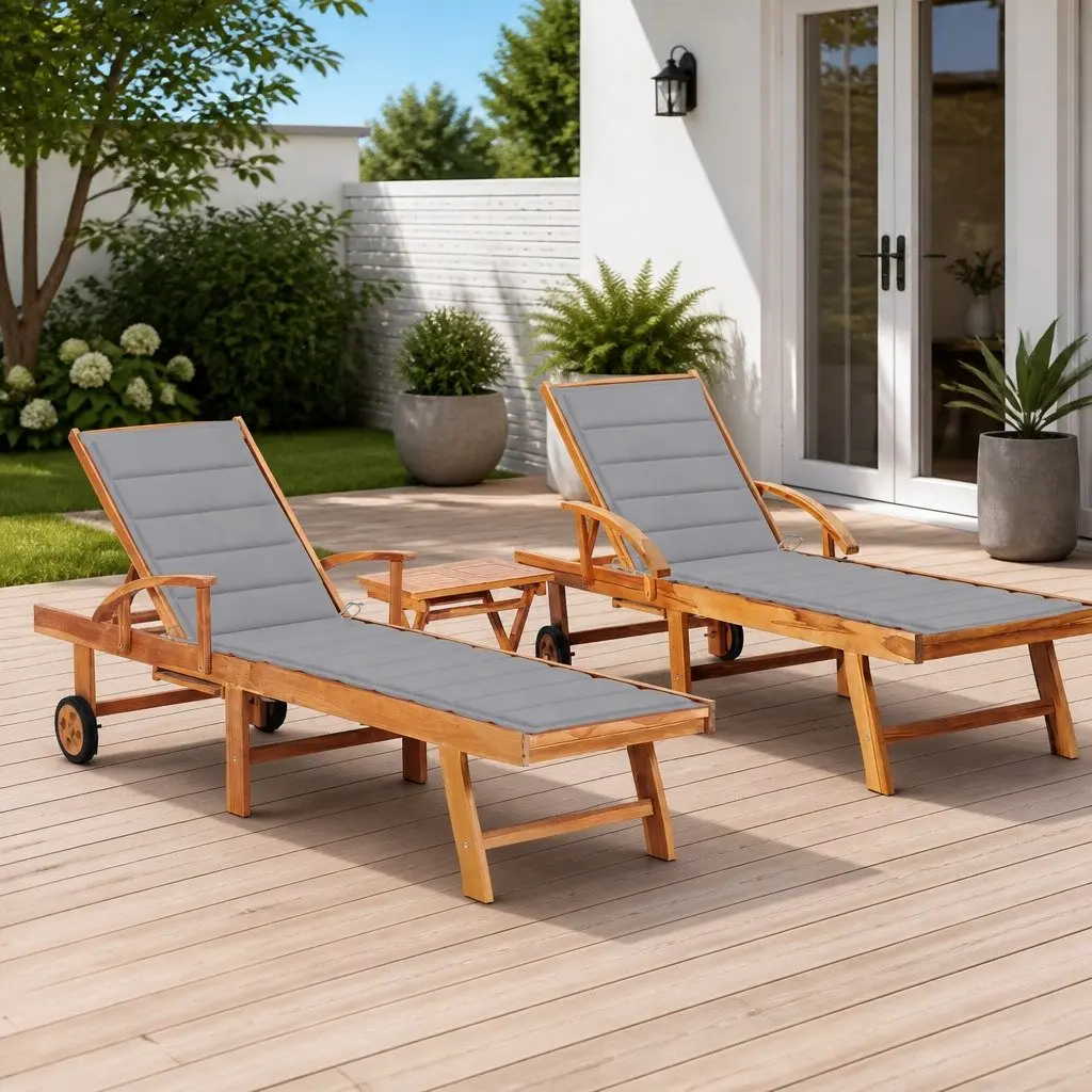 Sun Lounger Set Teak Hardwood Grey 2 Piece Outdoor Garden Patio Recliner with Side Table Cushion