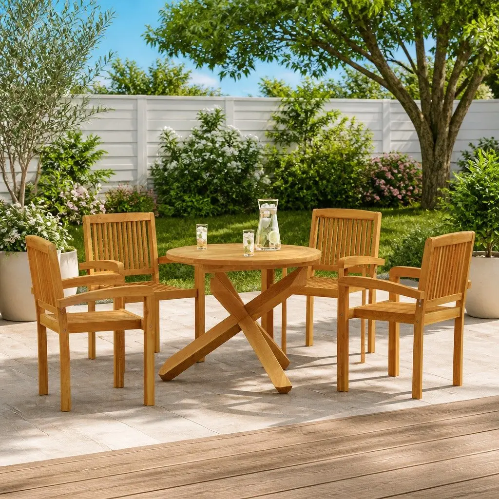 5 Piece Outdoor Dining Set Made of Solid Teak Wood