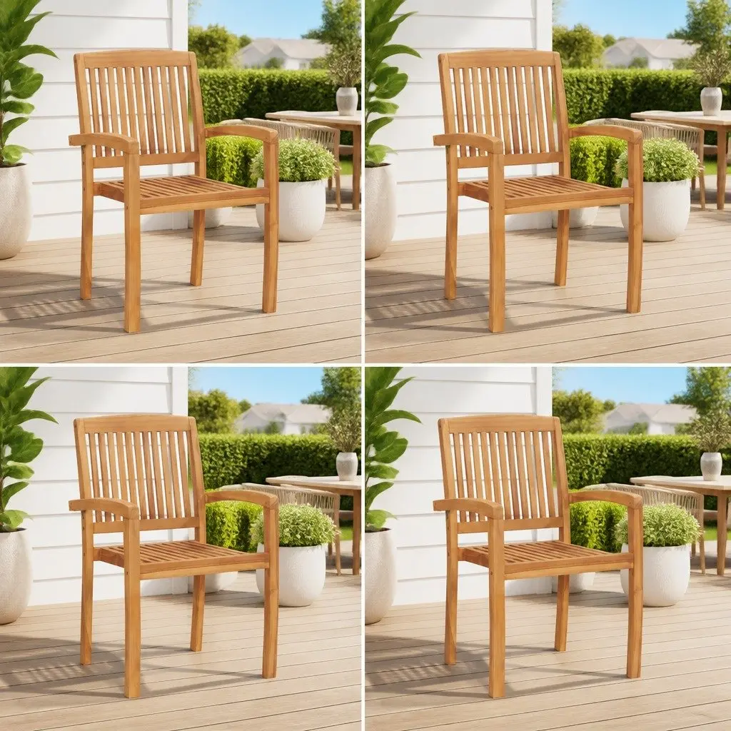 Outdoor Stacking Garden Chairs Solid Teak Wood Brown 4 Piece