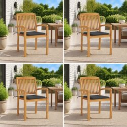 Set of 4 Stacking Outdoor Chairs with Cushions in Teak Wood