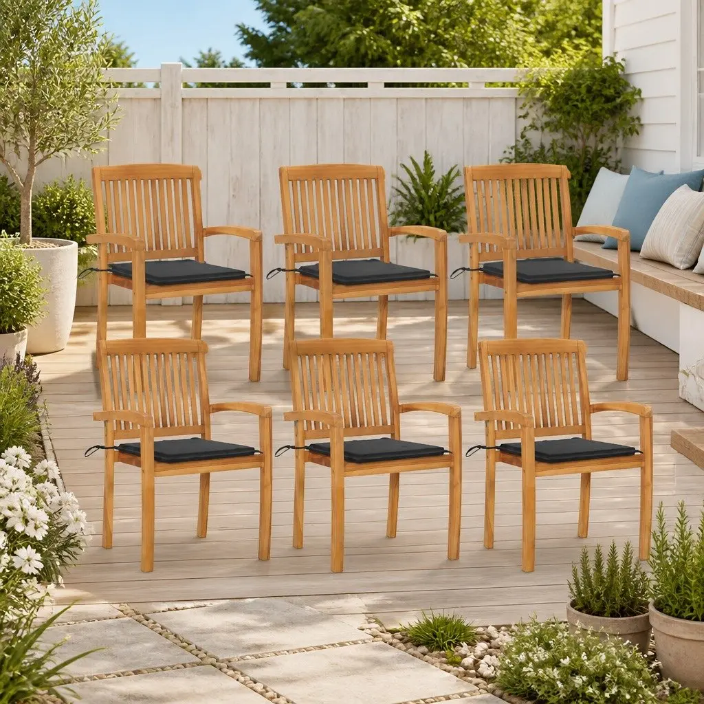 Outdoor Stacking Garden Chairs with Cushions Set 6 Piece Teak Wood Anthracite
