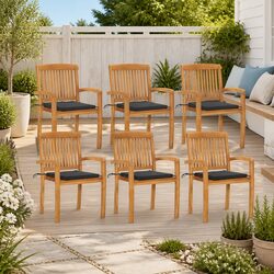 Teak Wood Outdoor Stacking Chairs Set with Cushions - 6 Pieces