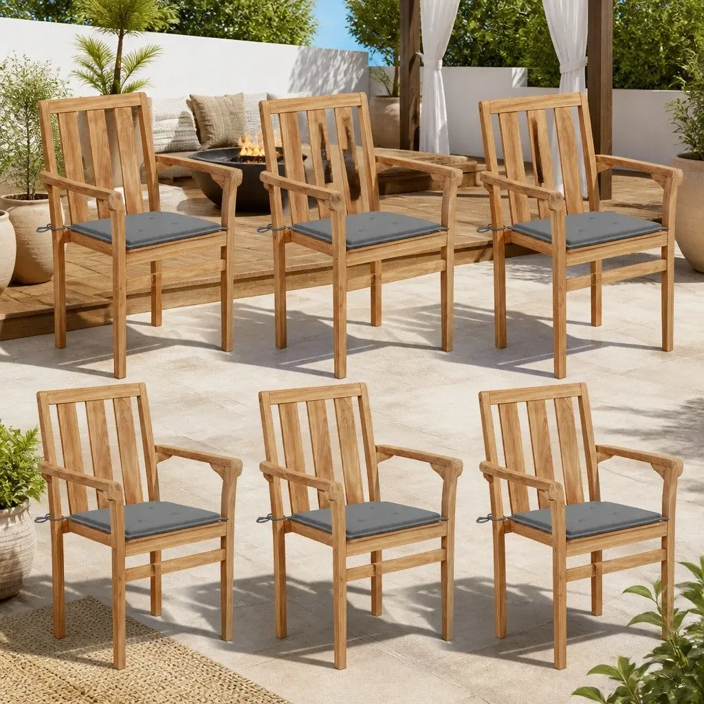 Stackable Garden Chairs Set Teak Wood Grey Cushions 6 Piece