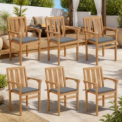 Set of 6 Outdoor Stackable Garden Chairs with Grey Cushions