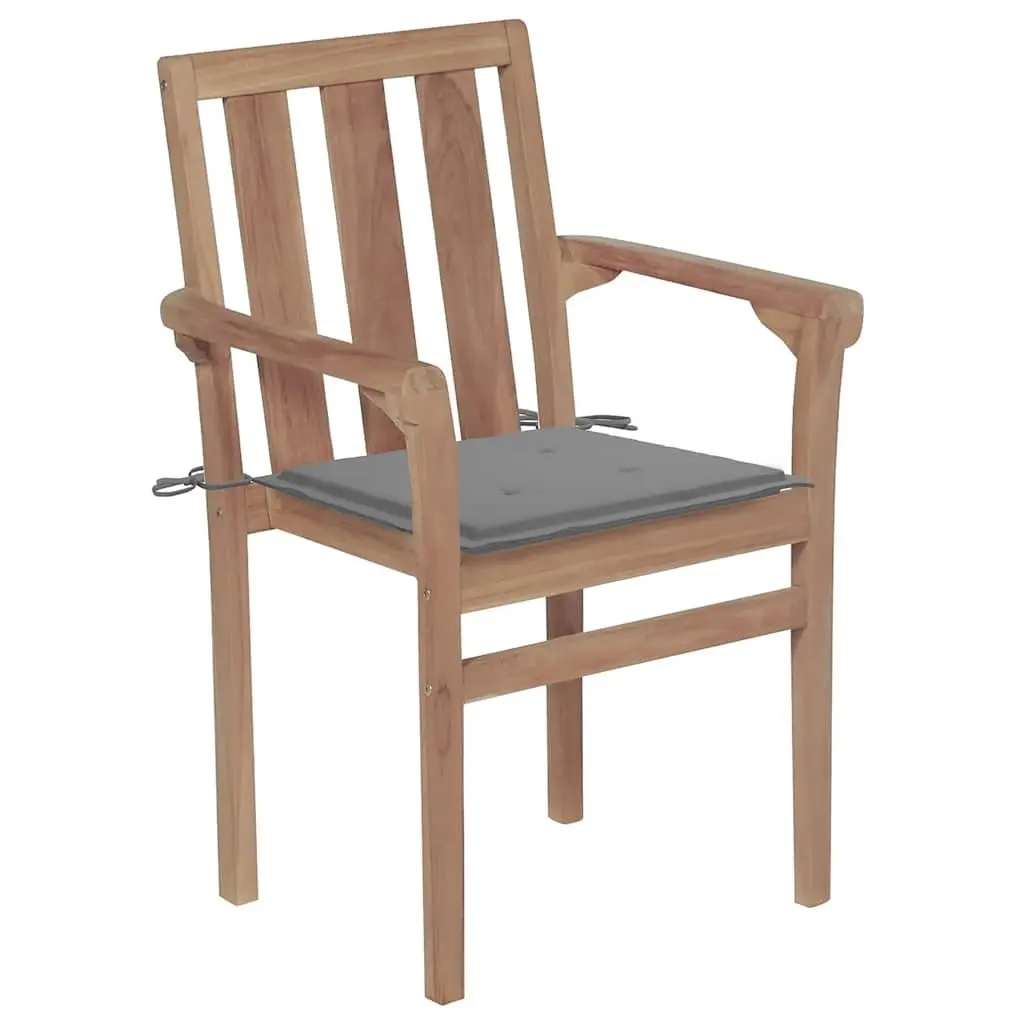 Stackable Garden Chairs Set Teak Wood Grey Cushions 6 Piece