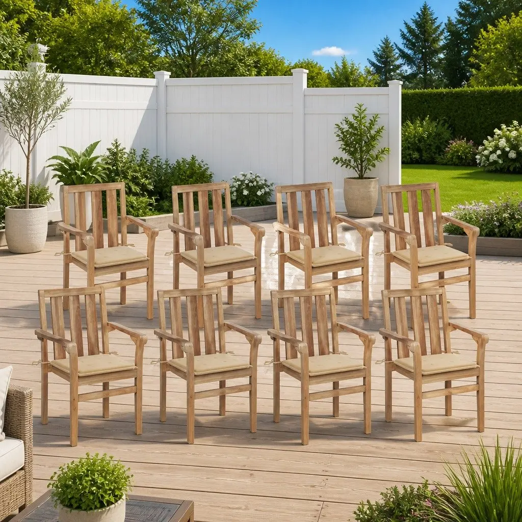 Teak Wood Stackable Outdoor Chairs with Cushions, 8 Pieces