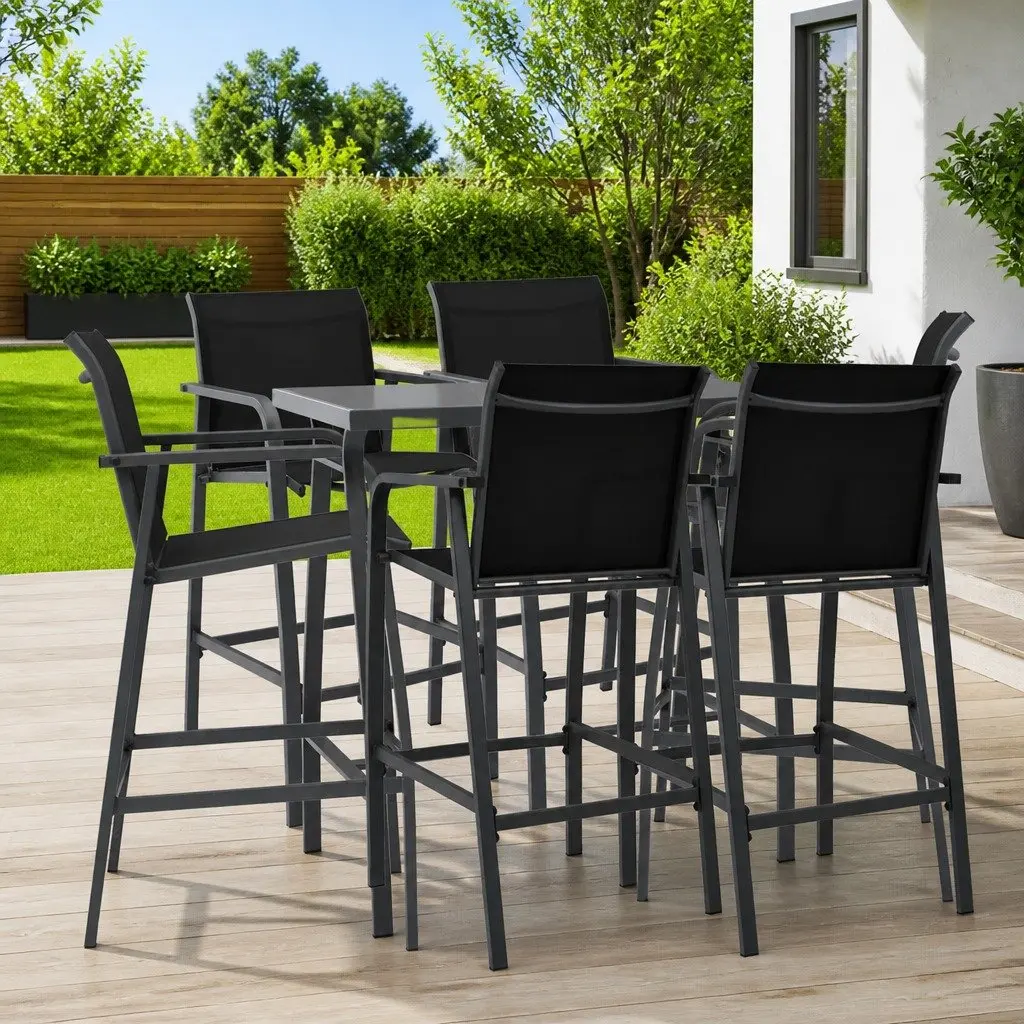 Garden Bar Set Steel Tempered Glass 7 Piece Outdoor Furniture Dining Chairs Table Black