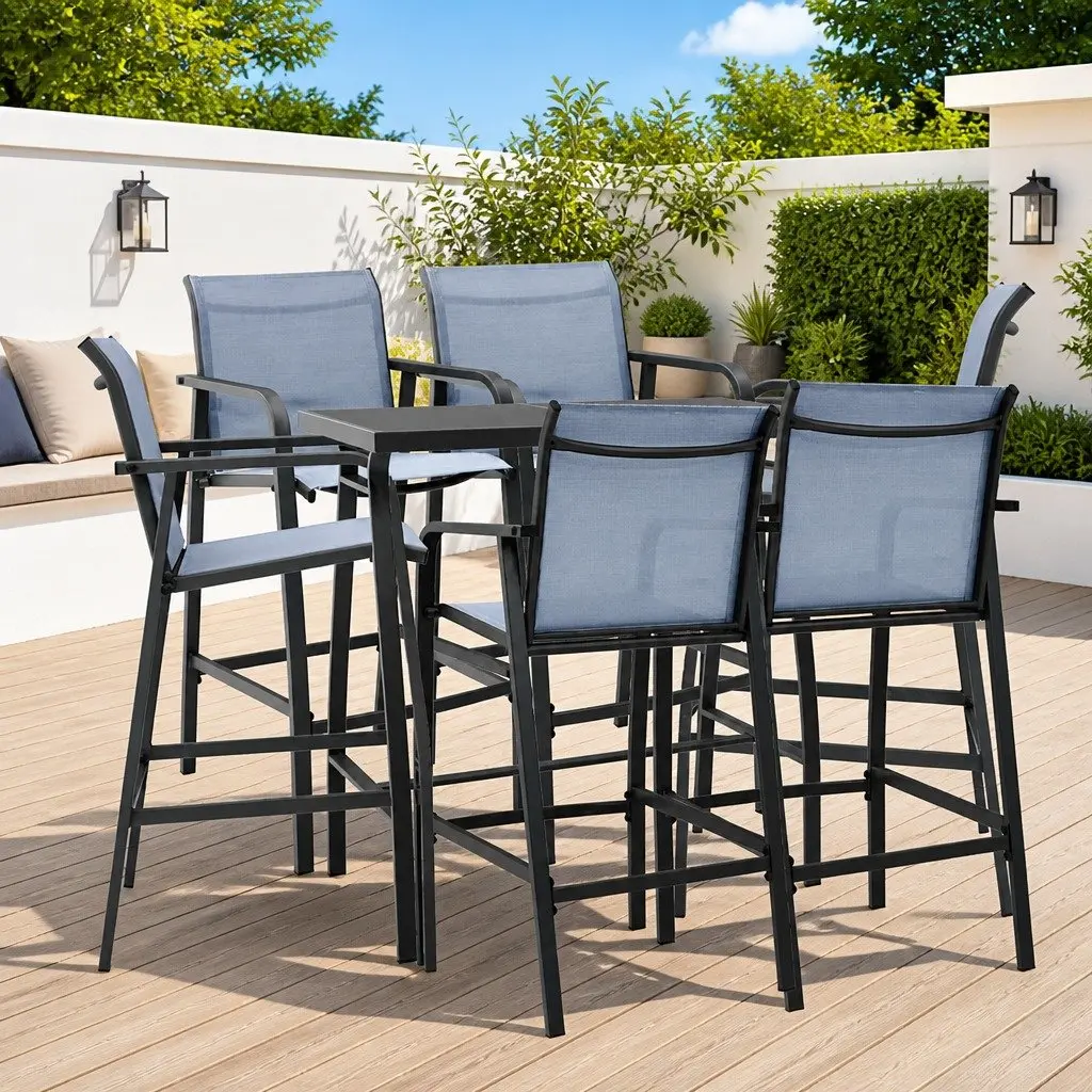 Garden Bar Set Steel Frame 7 Piece Outdoor Furniture Black Grey Tempered Glass Top