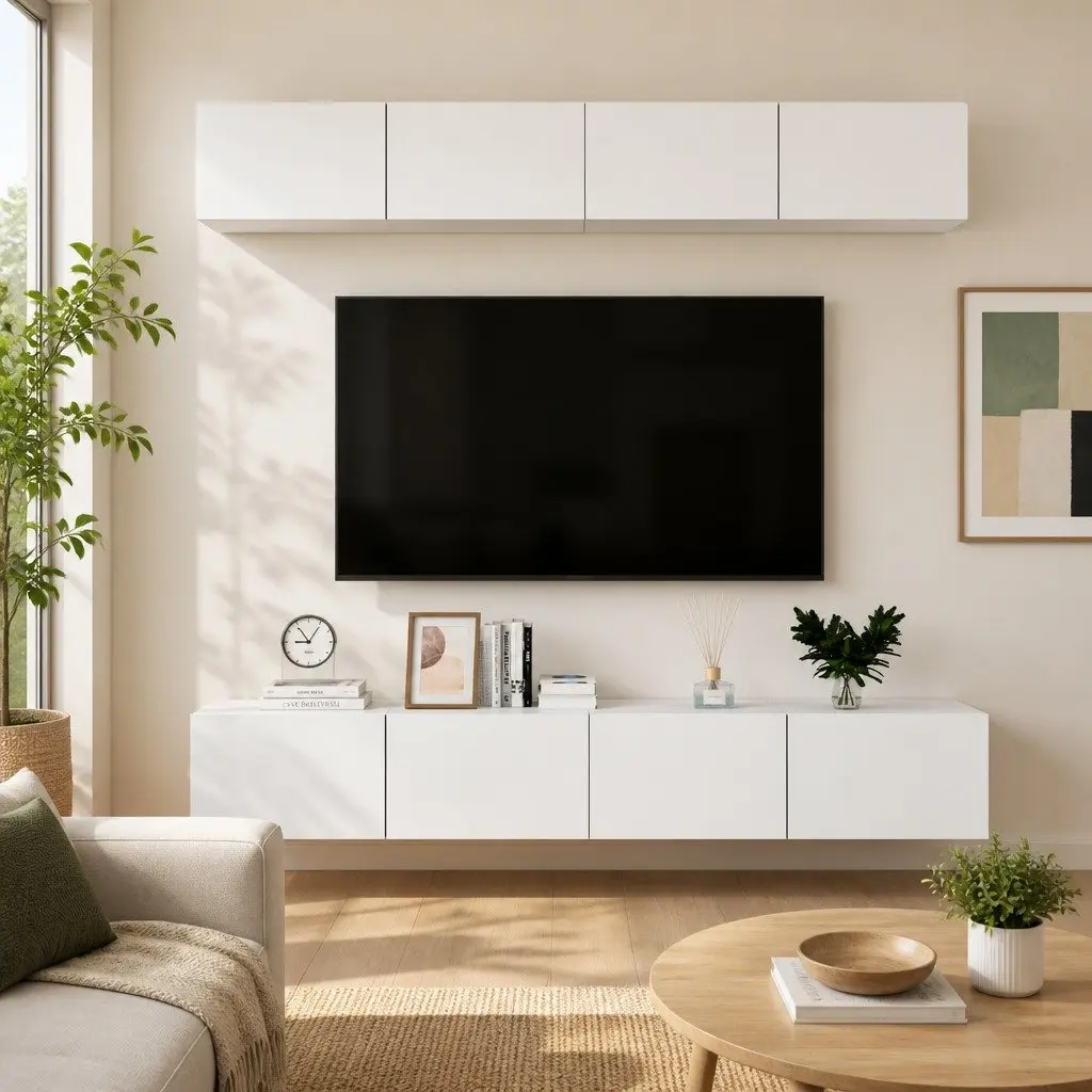 White TV Cabinet Set 4 Pieces Wall Mounted Storage Unit Engineered Wood