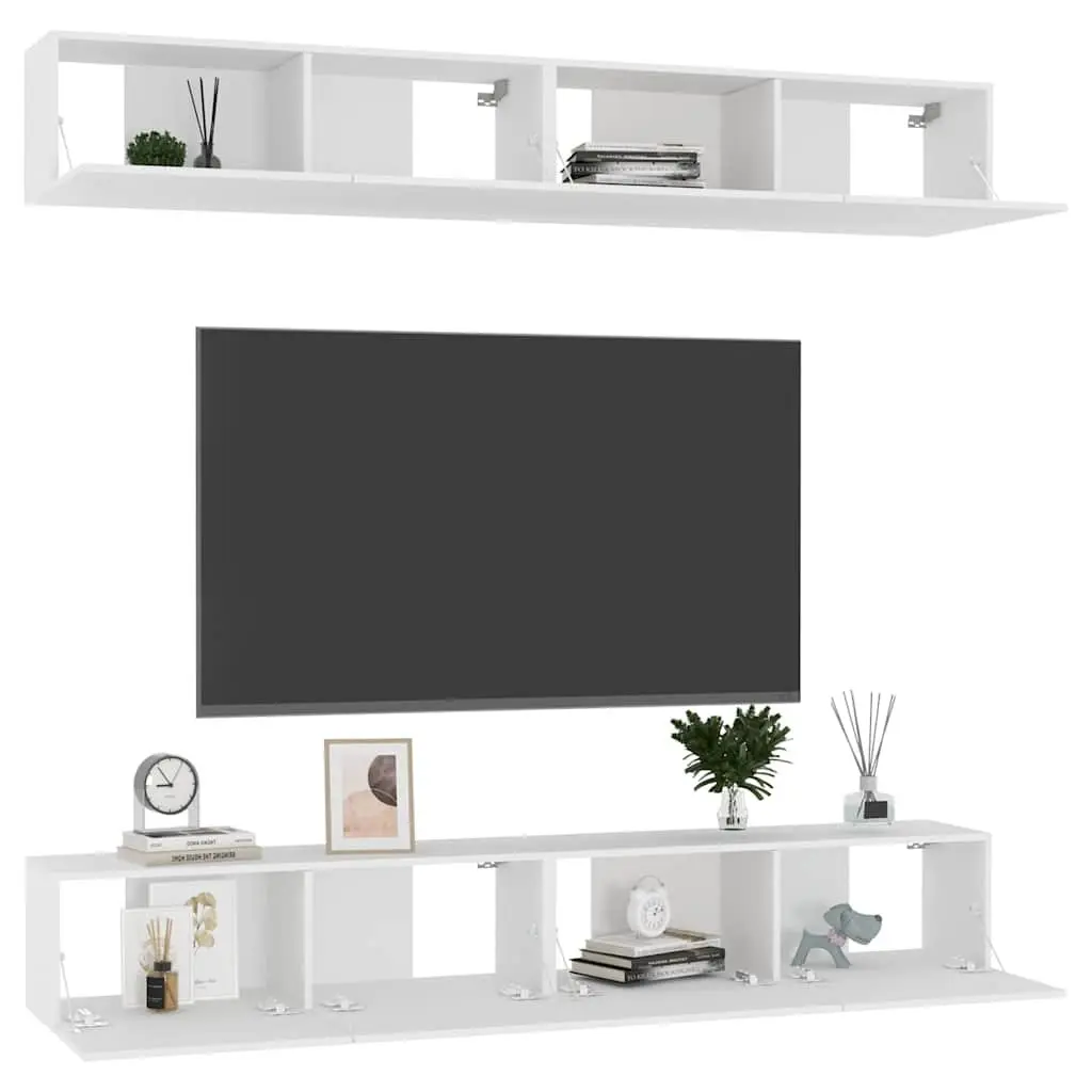 White TV Cabinet Set 4 Pieces Wall Mounted Storage Unit Engineered Wood