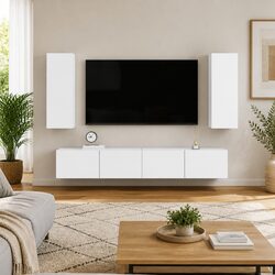 Sturdy 4 Piece Wall Mounted TV Cabinet Set in White