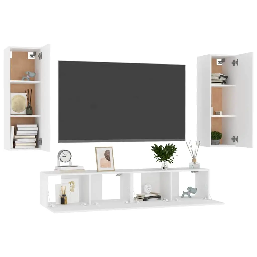 TV Cabinet Set Engineered Wood 4 Piece White Wall Mounted Storage Unit