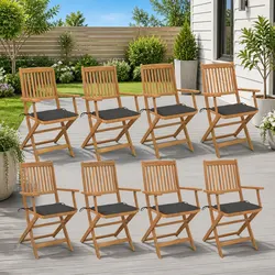 Solid Wood 8 Piece Folding Garden Chair Set with Cushions