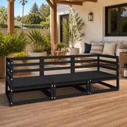 Outdoor 3-Seater Garden Sofa Solid Pinewood Modular Lounge Seating Black