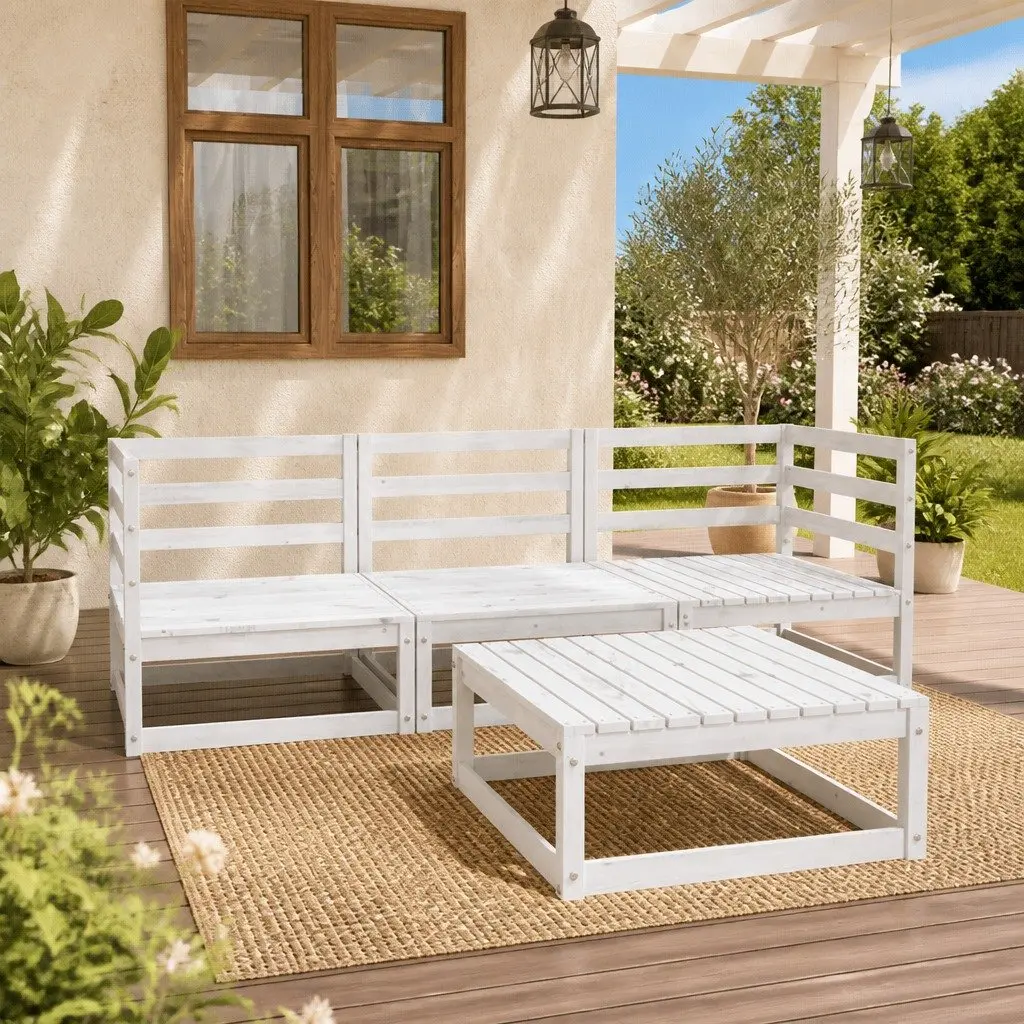 Outdoor Lounge Set Solid Pinewood 4 Piece White Patio Furniture