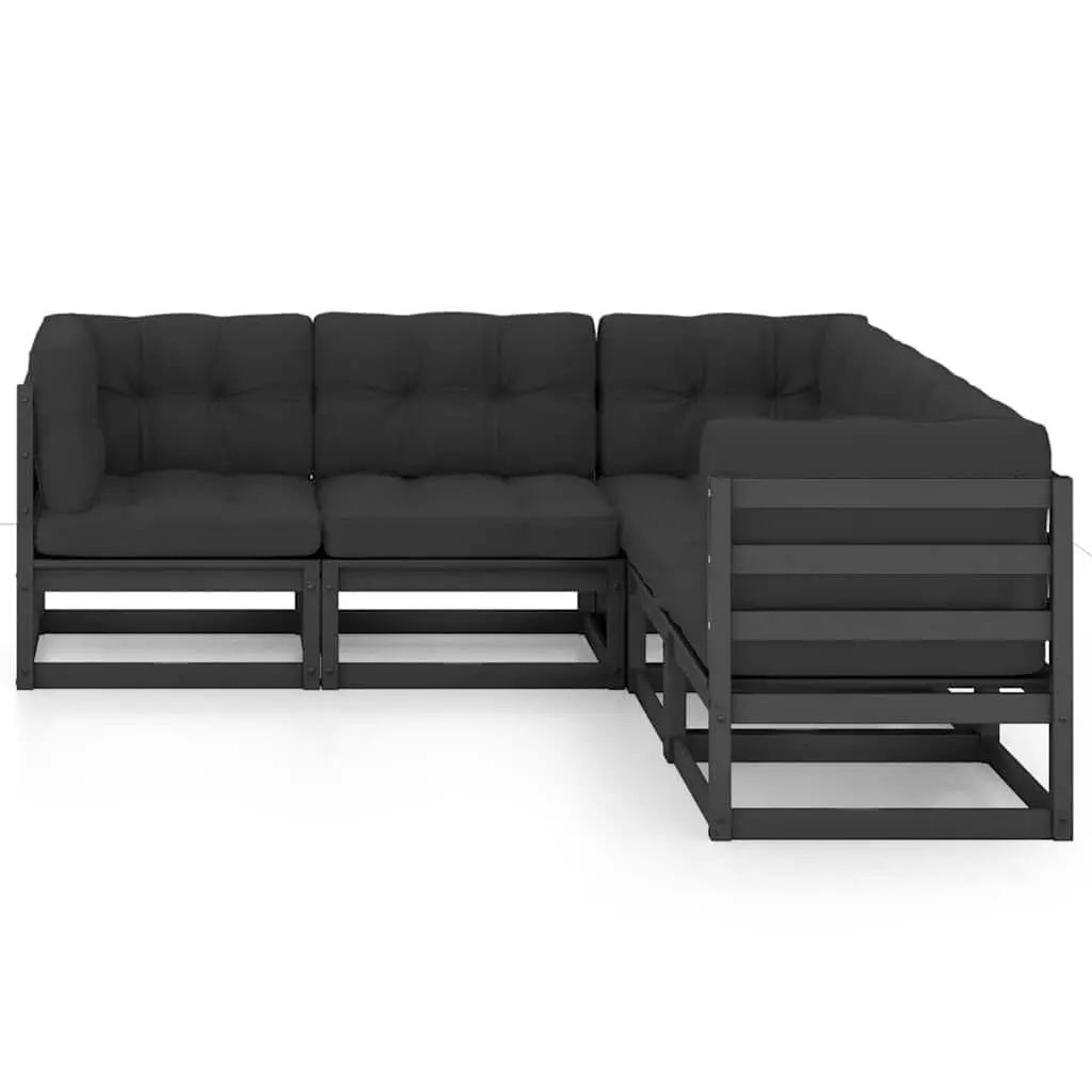 Garden Lounge Set Solid Pinewood 5 Piece Outdoor Furniture with Cushions Black