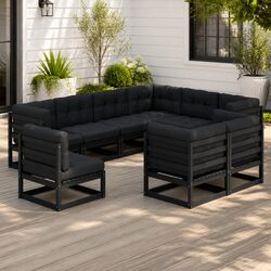 9-Piece Black Pinewood Garden Lounge Set with Cushions