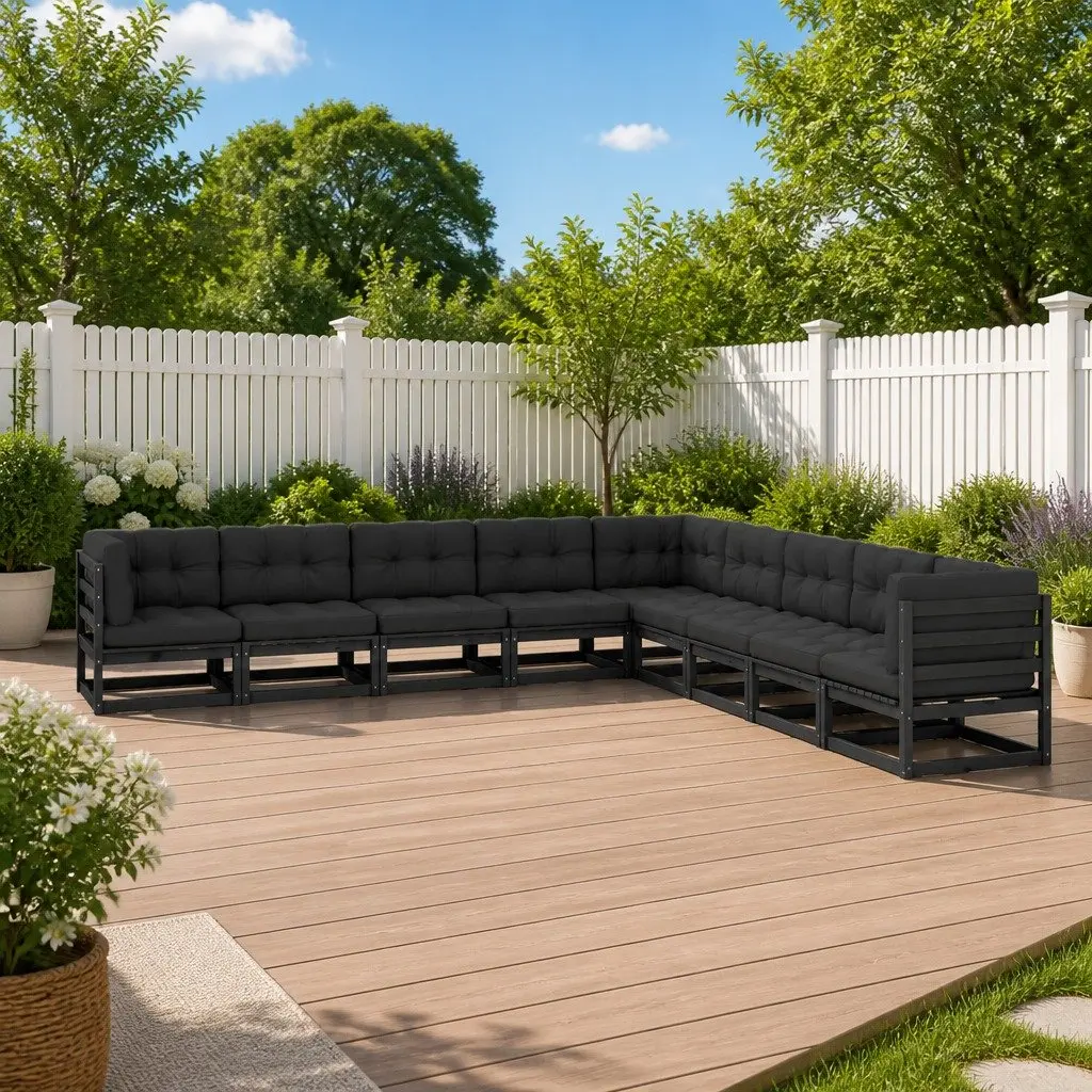 9 Piece Lounge Set Solid Pinewood Black Outdoor Furniture with Cushions
