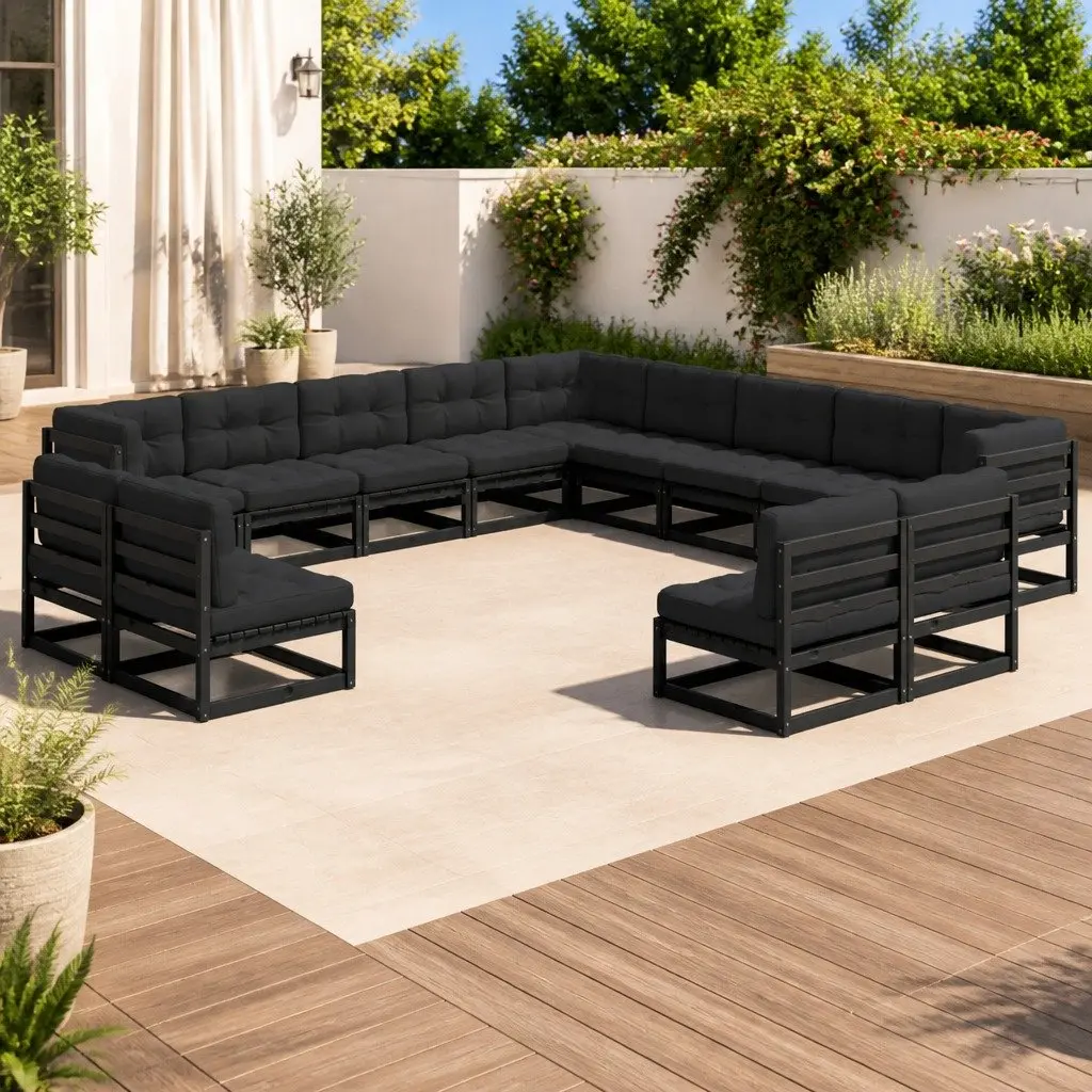 Garden Lounge Set Solid Pinewood 13 Piece Outdoor Furniture Sofa with Cushions Black