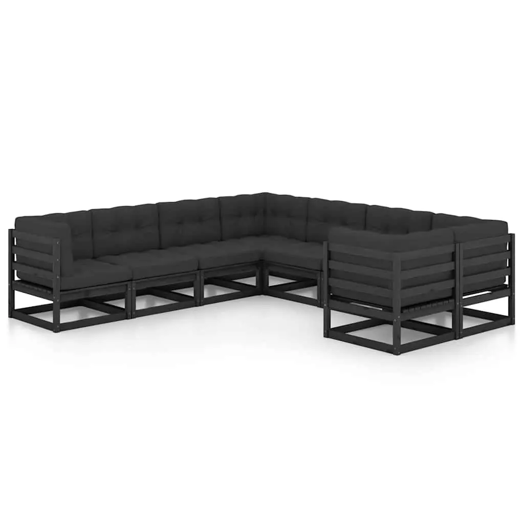 8 Piece Outdoor Lounge Set Black Cushioned Solid Pinewood Garden Furniture