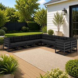 10 Piece Black Pinewood Garden Lounge Set with Cushions