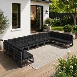 10-Piece Black Solid Wood Outdoor Lounge Set
