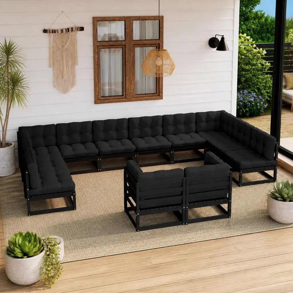 12 Piece Black Garden Lounge Set with Cushions