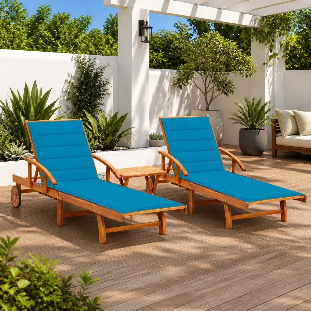 Sun Loungers 2 pcs with Table and Cushions Acacia Wood Outdoor Patio Daybed Set