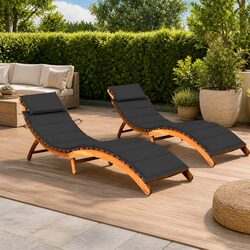 Set of 2 Wooden Sun Loungers with Cushions - Anthracite