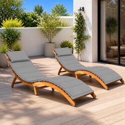 2-Piece Sun Loungers with Cushions in Solid Acacia Wood